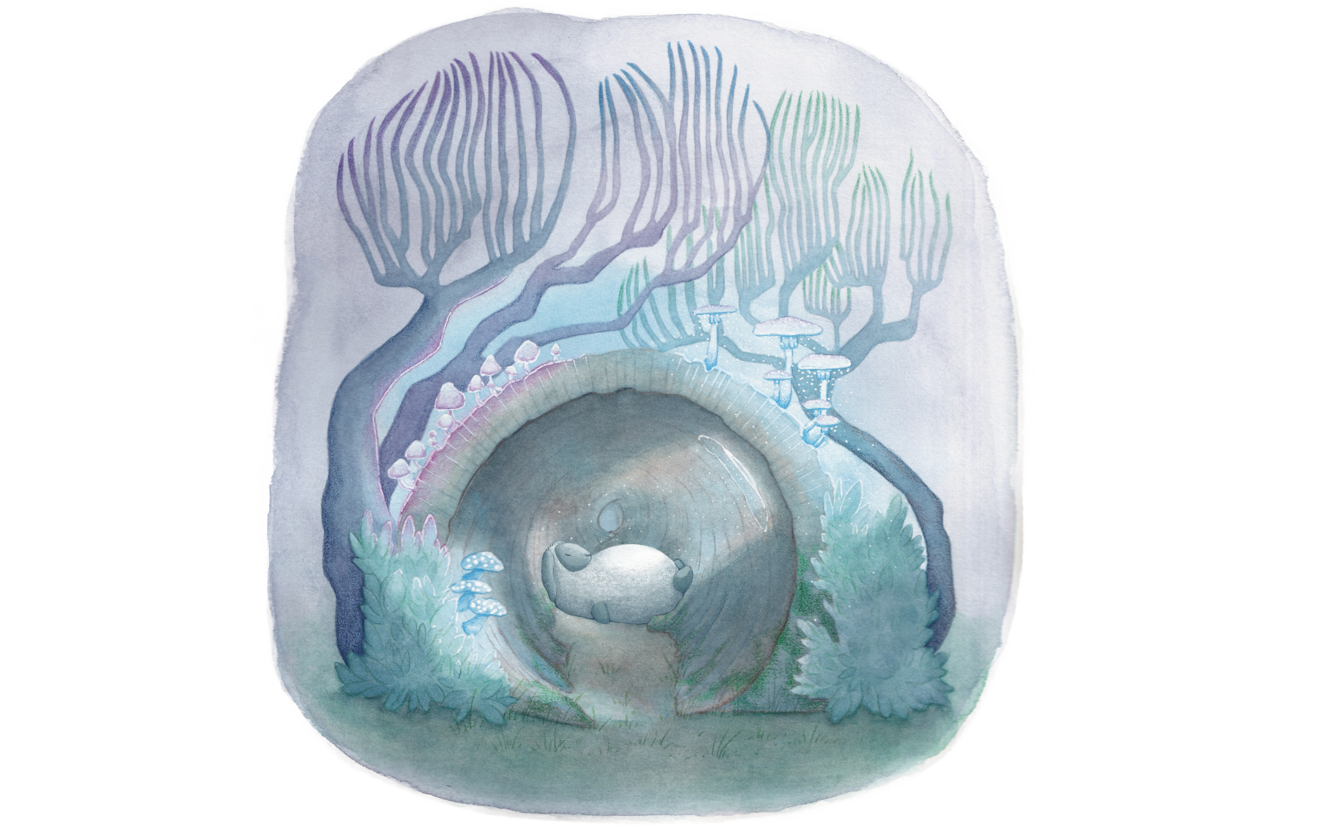 Watercolour in soft blues, greens and purples, showing forest scene with Tofu in a hollow log, sleeping on his back. On top of the log there are mushrooms that are glowing, some emitting glowing spores that light Tofu up through a hole in the top of the log above where he is sleeping